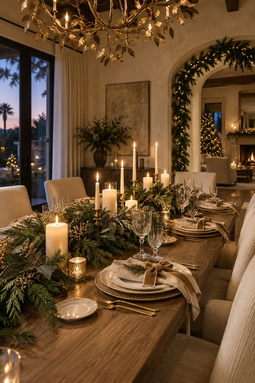 An elegant holiday table with evergreen branches, brass candleholders and ivory linen