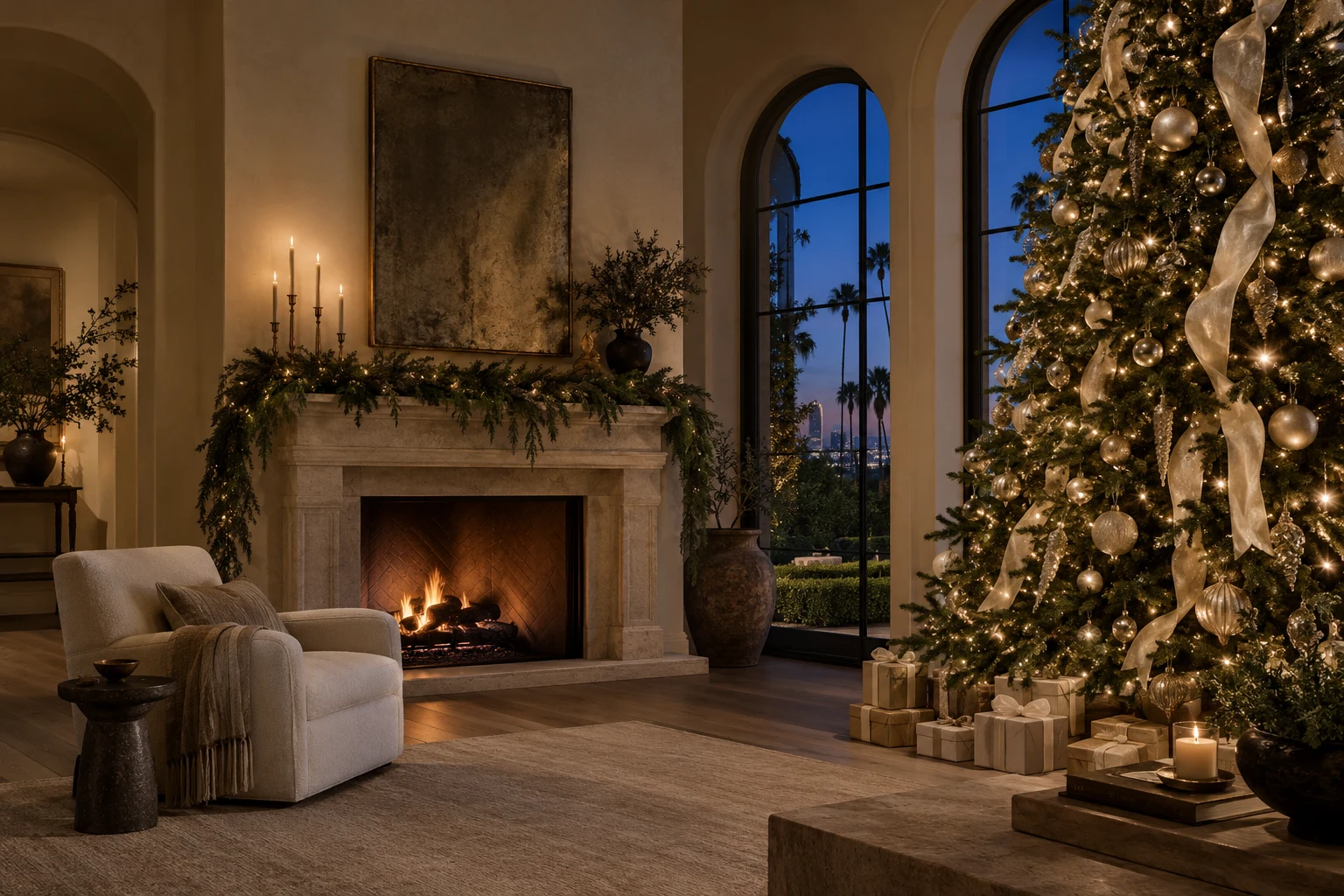 View living room concept: champagne Christmas tree and glowing fireplace