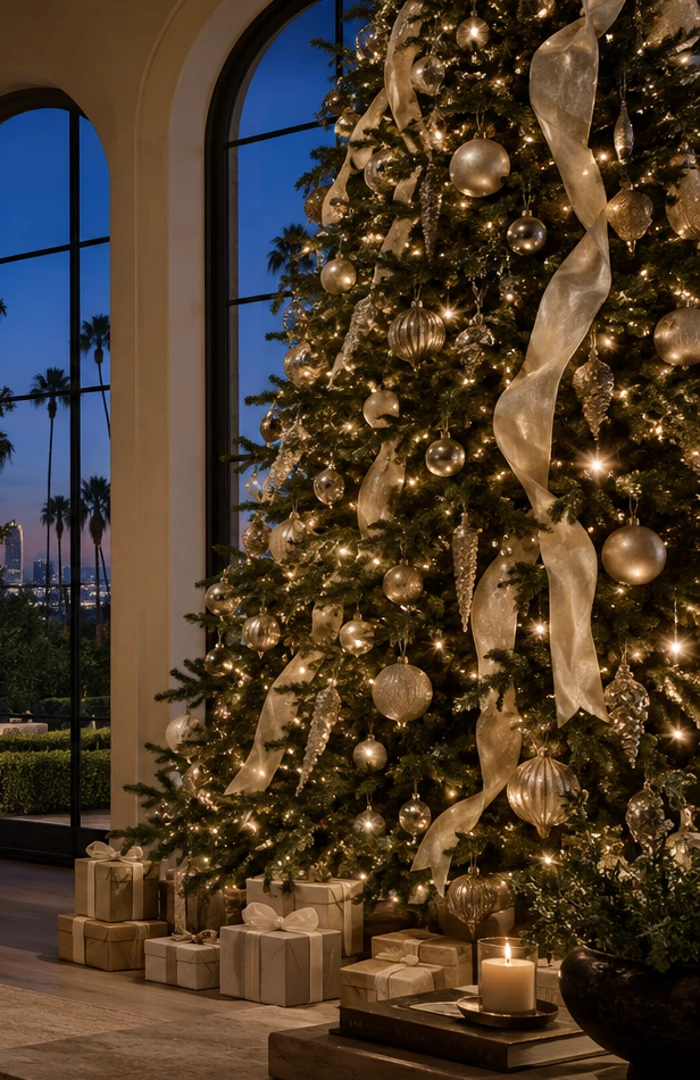 Champagne ornaments and ivory ribbon on a custom Christmas tree