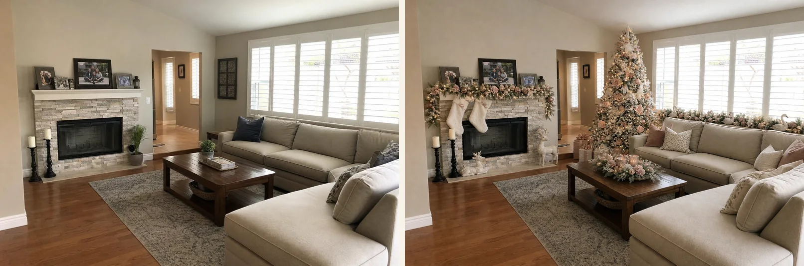 A living room photographed as it is, and the same room rendered with a flocked blush and champagne Christmas tree, mantel garland and stockings